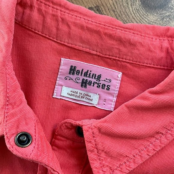 Holding Horses Womens Coral Pearl Snap Shirt Sz 0 Western Corduroy Anthropologie - Picture 8 of 8